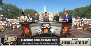 State College, PA - September 18, 2021 - Pennsylvania State University: Flag of the Washington State Cougars on the set of College GameDay Built by the Home Depot.
